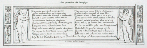 Branda Castiglione, Grabmal in SS. Lorenzo e Stefano, Inschrift auf der Rückseite des Sarkophags, Abbildung aus Litta, Famiglie celebri italiane