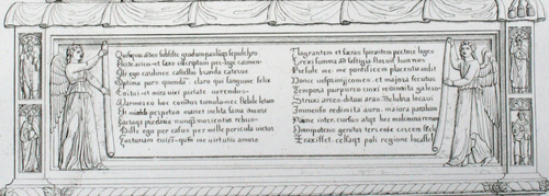 Branda Castiglione, Grabmal in SS. Lorenzo e Stefano, Inschrift auf der Vorderseite des Sarkophags, Abbildung aus Litta, Famiglie celebri italiane