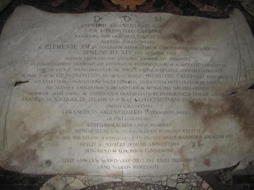 Clemens Argenvilliers, Grabmal SS. Trinità dei Moni, Inschrift