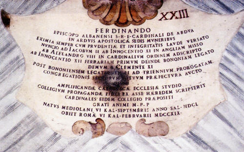 Ferdinando d'Adda, Grabmal SS. Ambrogio Carlo al Corso, Inschrift
