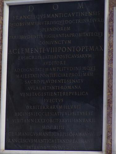Francesco Mantica, Grabmal S. Maria del Popolo, Inschrift