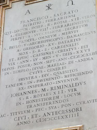 Francesco Sacrati, Grabmal S. Maria dell'Anima, Inschrift