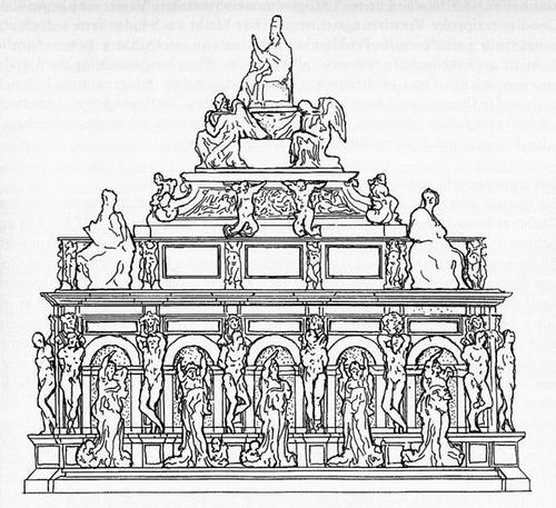 Julius II., Zeichnung Grabmal, Rekonstruktion der Breitseite (Horst Bredekamp)