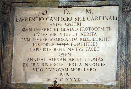 Lorenzo Campeggi, Grabmal in S. Maria dell' Assunzione, Inschrift