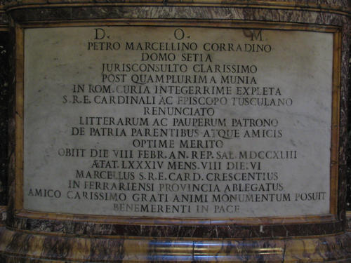 Pietro Marcellino Corradini, Grabmal S. Maria in Trastevere, Inschrift