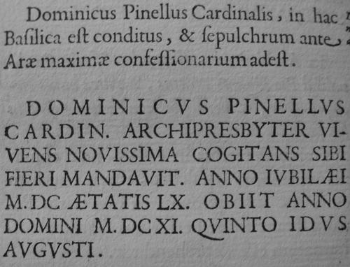 Domenico Pinelli, Grabmal S. Maria Maggiore, Inschrift (Angelis)