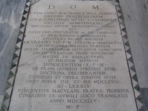 Vincenzo Maculan, Grabmal S. Sabina, Inschrift